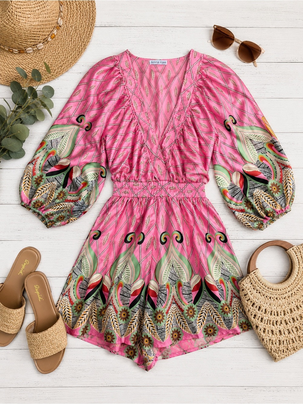Anna Rae Pink Boho Print Balloon Sleeve Romper | Size S